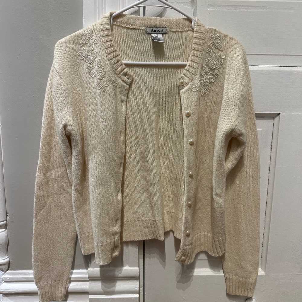Cream Embroidered Pearl-Button Cardigan